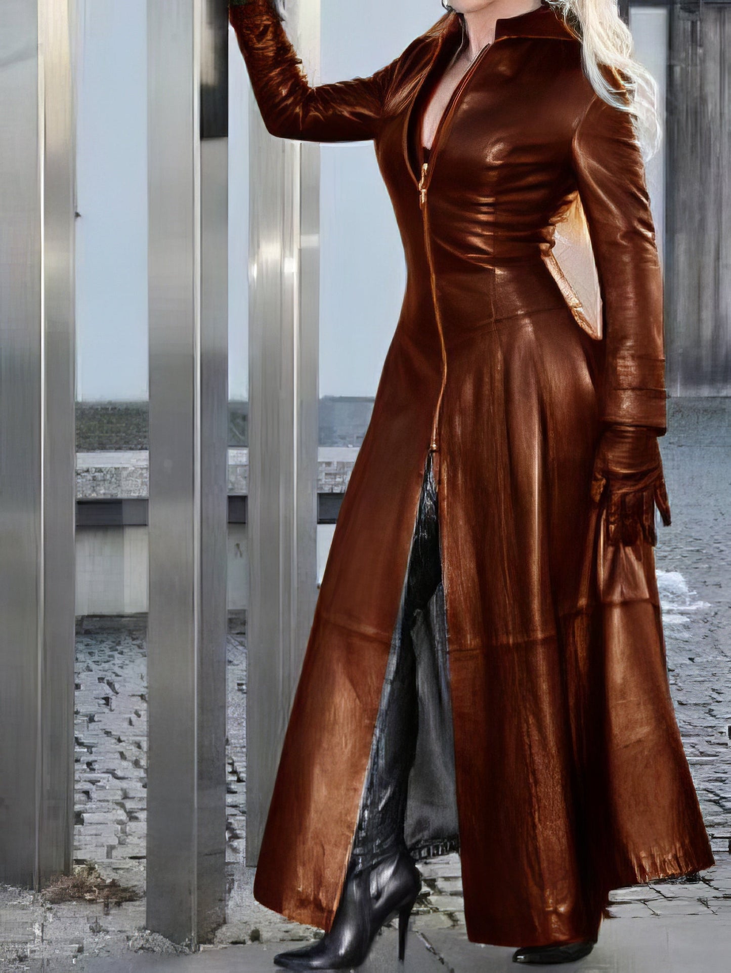 Zipper Accent Long Sleeve Faux Leather Dress