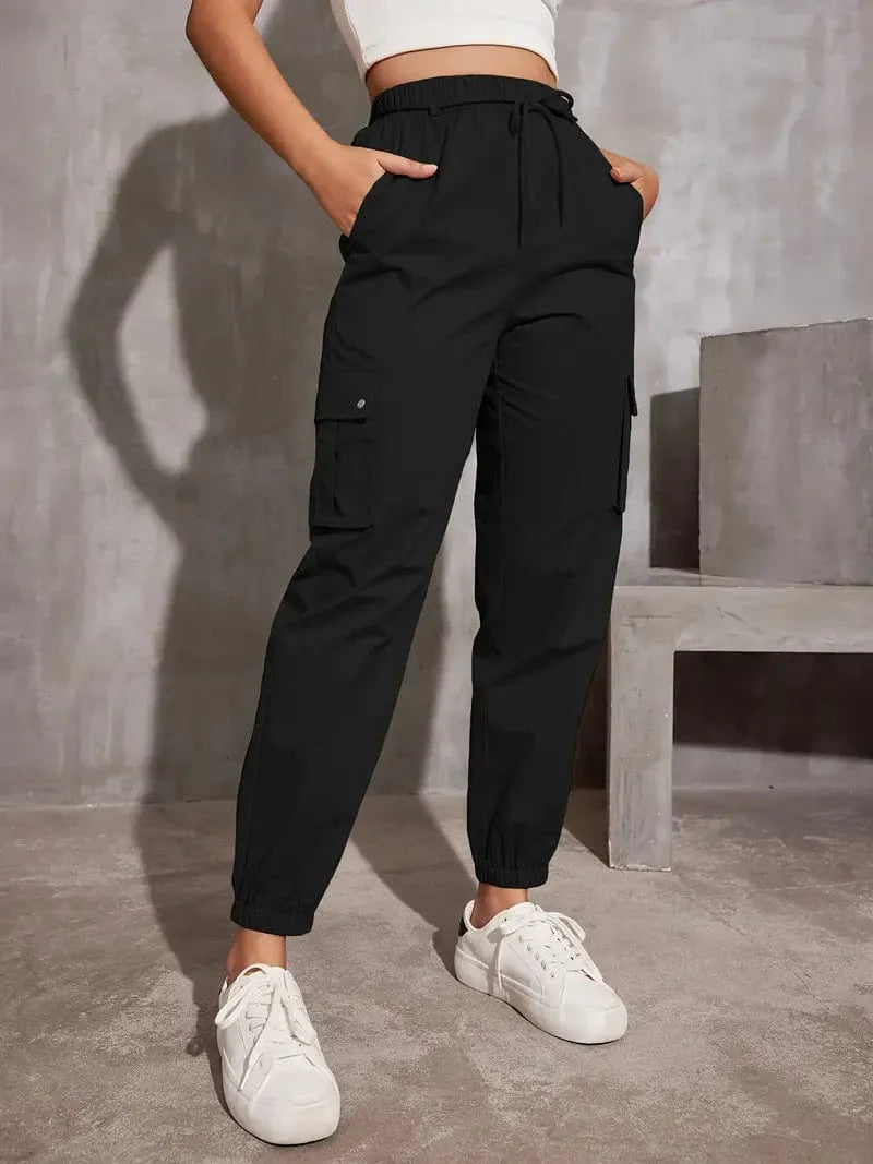 Y2K Loose Fit Cargo Trousers with Drawstring Waist and Multiple Pockets, Versatile Women's Apparel for Any Time of Year