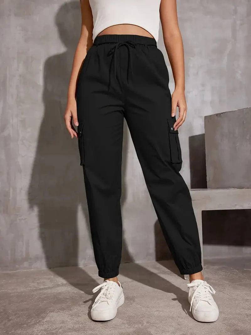 Y2K Loose Fit Cargo Trousers with Drawstring Waist and Multiple Pockets, Versatile Women's Apparel for Any Time of Year