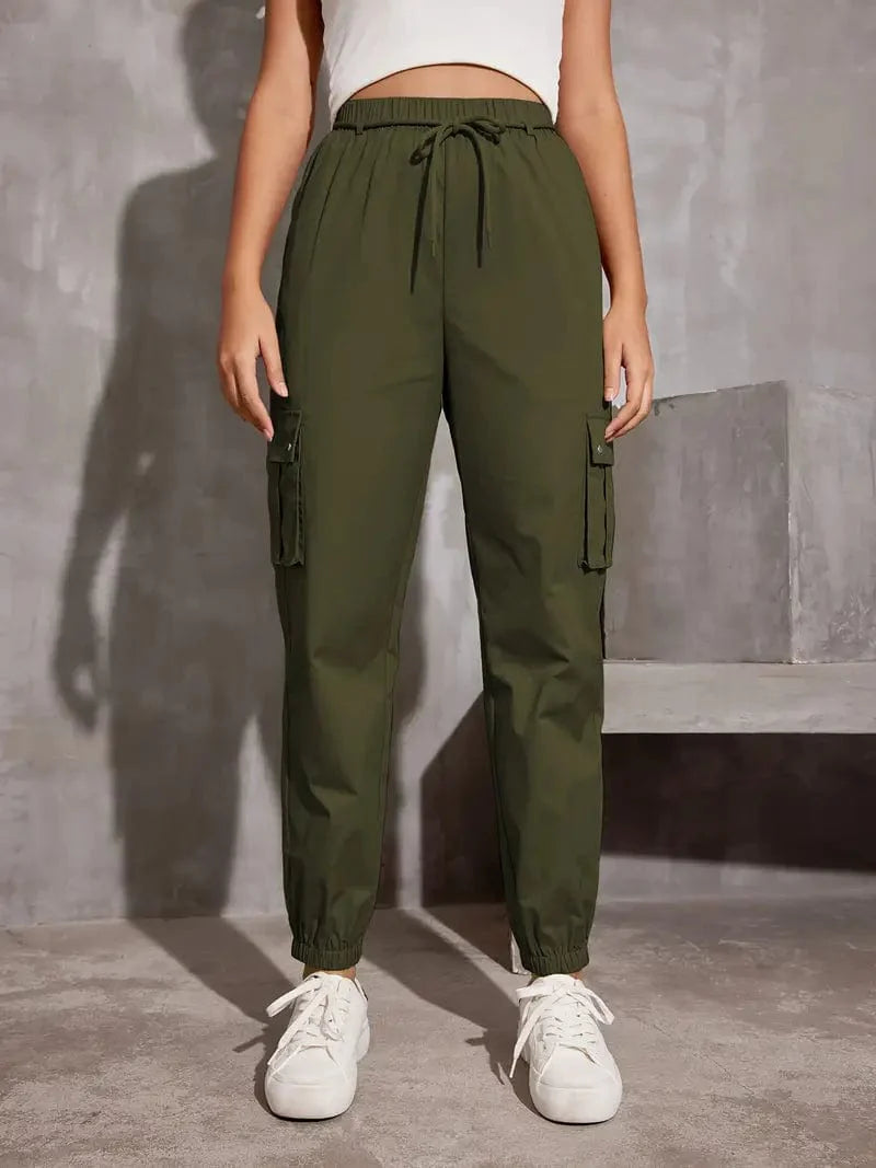 Y2K Loose Fit Cargo Trousers with Drawstring Waist and Multiple Pockets, Versatile Women's Apparel for Any Time of Year