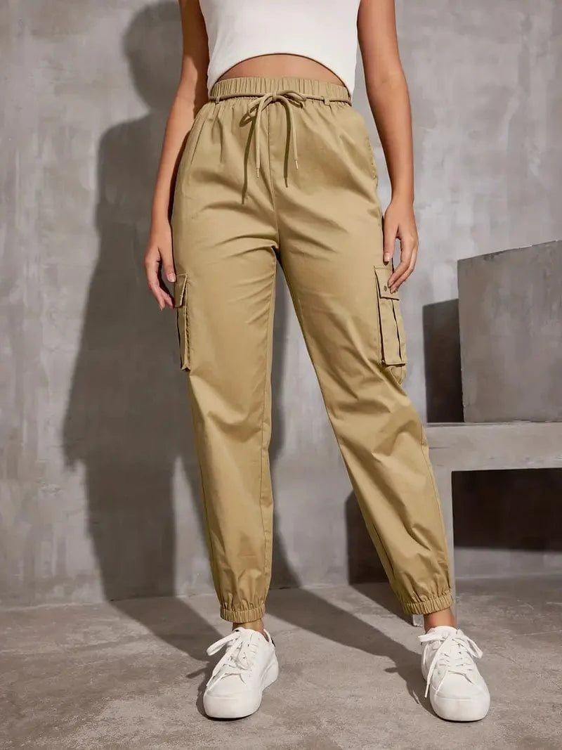 Y2K Loose Fit Cargo Trousers with Drawstring Waist and Multiple Pockets, Versatile Women's Apparel for Any Time of Year
