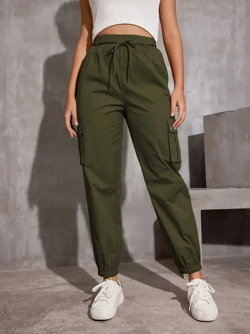 Y2K Loose Fit Cargo Trousers with Drawstring Waist and Multiple Pockets, Versatile Women's Apparel for Any Time of Year