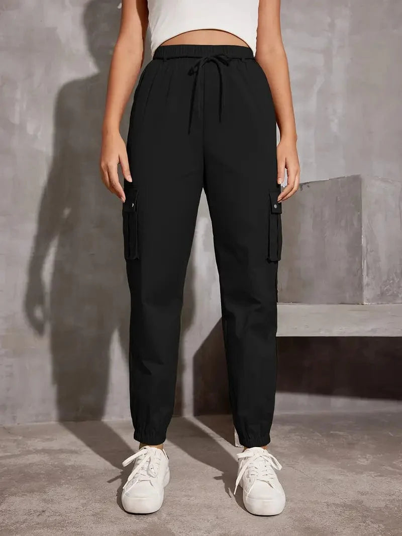 Y2K Loose Fit Cargo Trousers with Drawstring Waist and Multiple Pockets, Versatile Women's Apparel for Any Time of Year