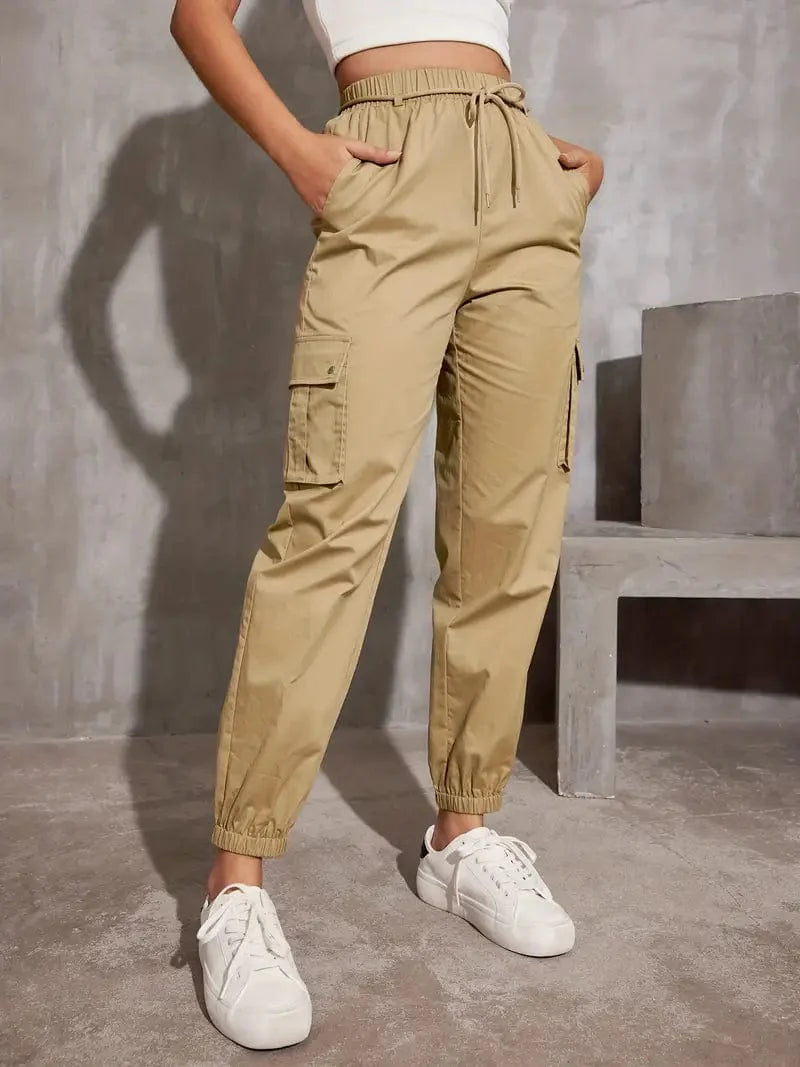 Y2K Loose Fit Cargo Trousers with Drawstring Waist and Multiple Pockets, Versatile Women's Apparel for Any Time of Year