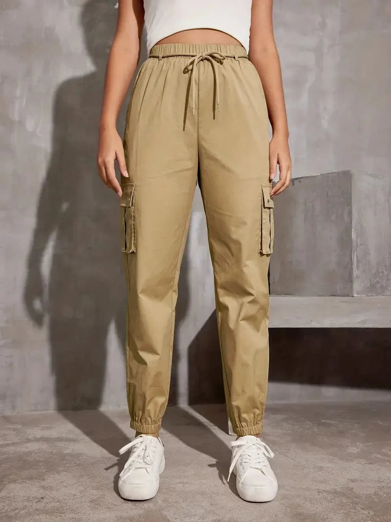 Y2K Loose Fit Cargo Trousers with Drawstring Waist and Multiple Pockets, Versatile Women's Apparel for Any Time of Year