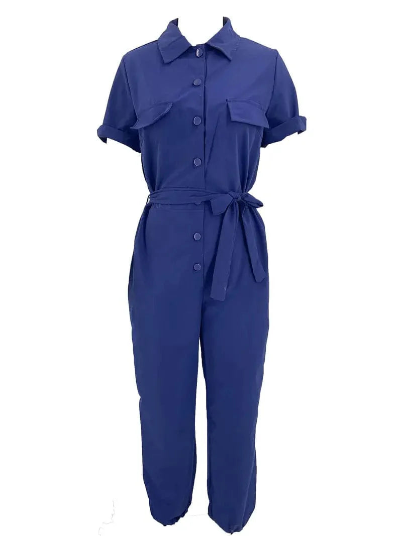 Y2K Solid Lapel Tie Waist Cargo Jumpsuit with Pockets - Women's Casual Romper