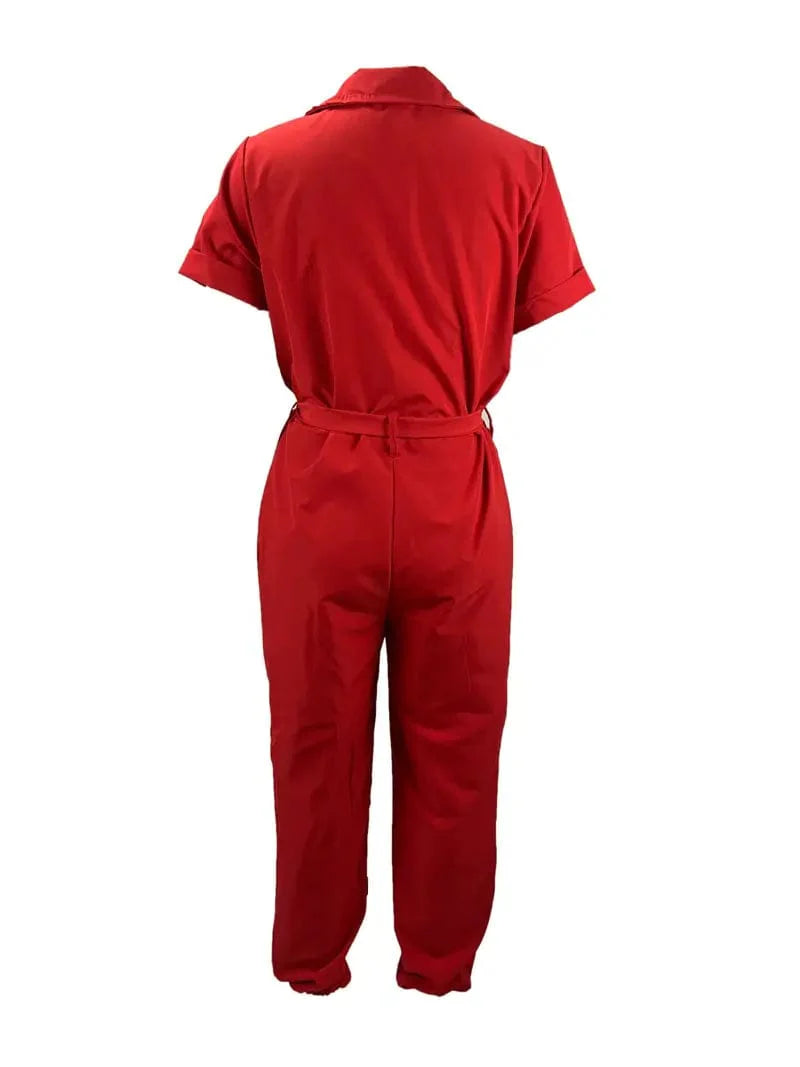 Y2K Solid Lapel Tie Waist Cargo Jumpsuit with Pockets - Women's Casual Romper