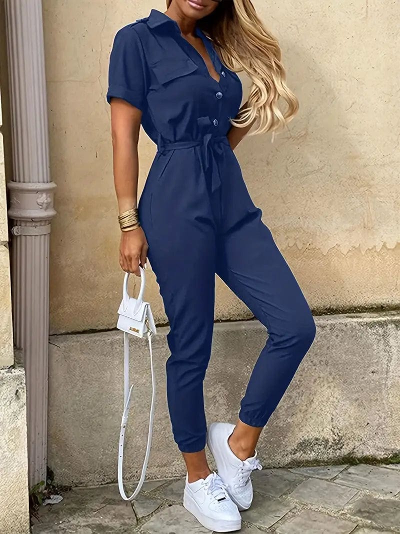 Y2K Solid Lapel Tie Waist Cargo Jumpsuit with Pockets - Women's Casual Romper