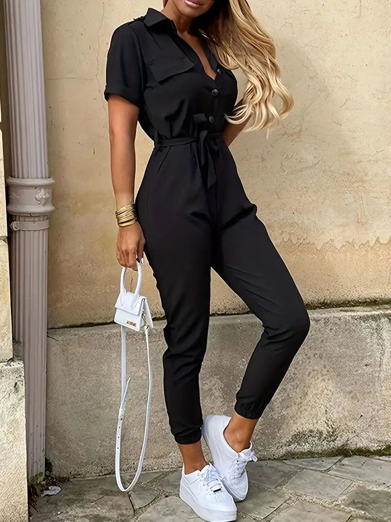 Y2K Solid Lapel Tie Waist Cargo Jumpsuit with Pockets - Women's Casual Romper
