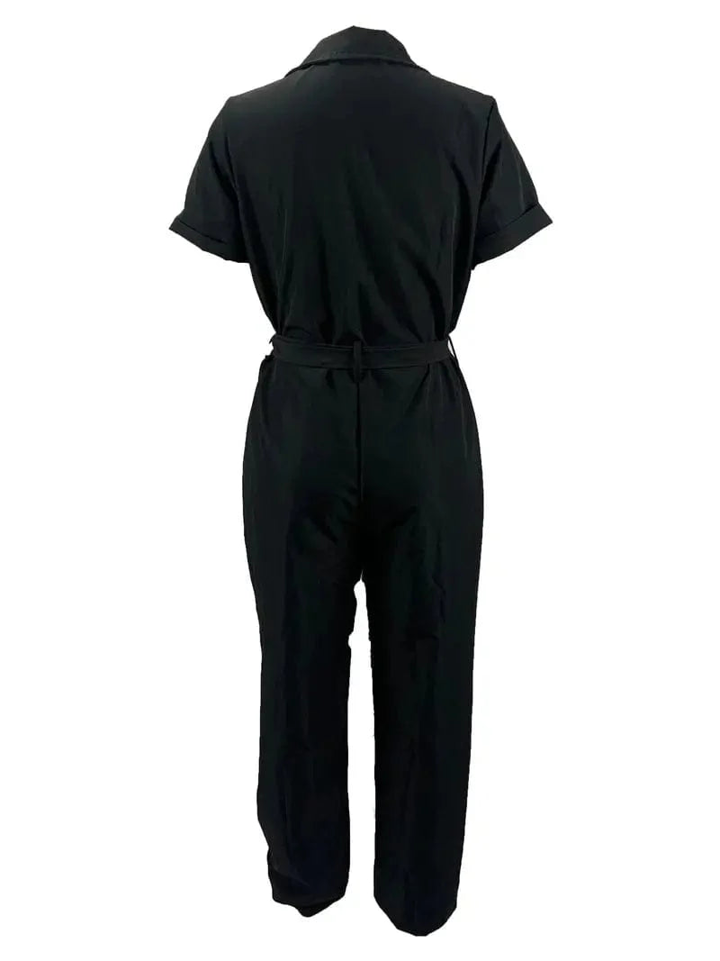 Y2K Solid Lapel Tie Waist Cargo Jumpsuit with Pockets - Women's Casual Romper