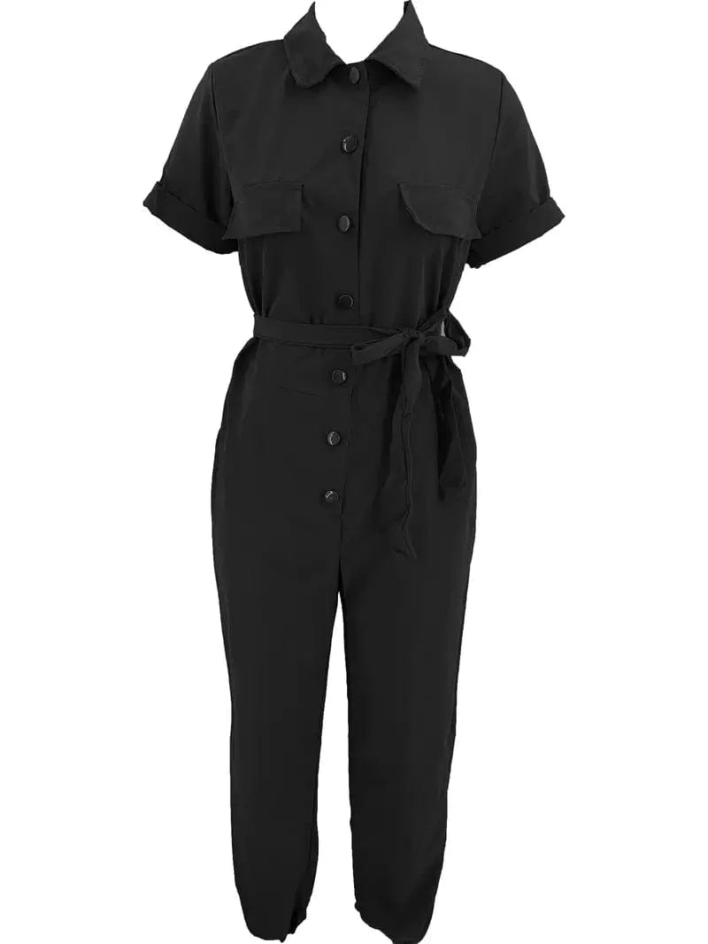 Y2K Solid Lapel Tie Waist Cargo Jumpsuit with Pockets - Women's Casual Romper