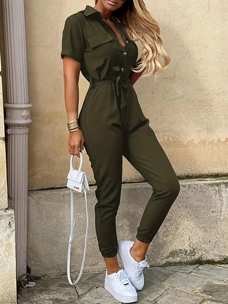 Y2K Solid Lapel Tie Waist Cargo Jumpsuit with Pockets - Women's Casual Romper
