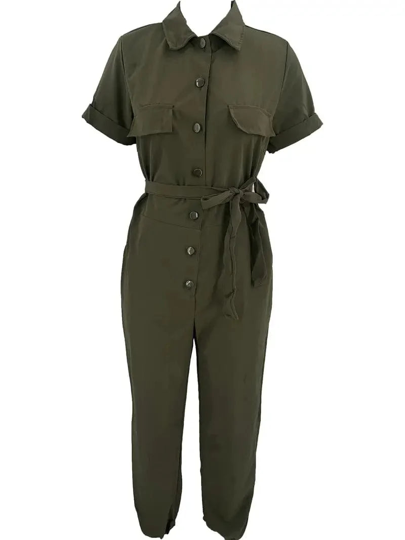 Y2K Solid Lapel Tie Waist Cargo Jumpsuit with Pockets - Women's Casual Romper