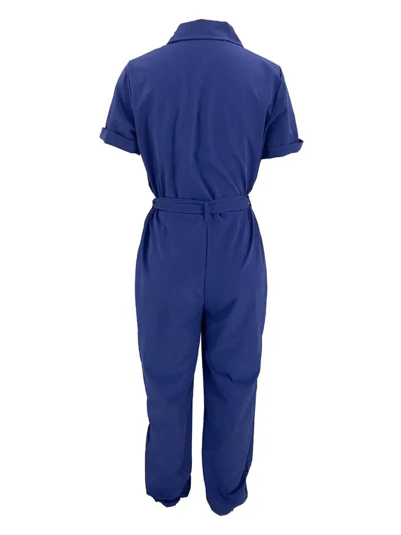 Y2K Solid Lapel Tie Waist Cargo Jumpsuit with Pockets - Women's Casual Romper