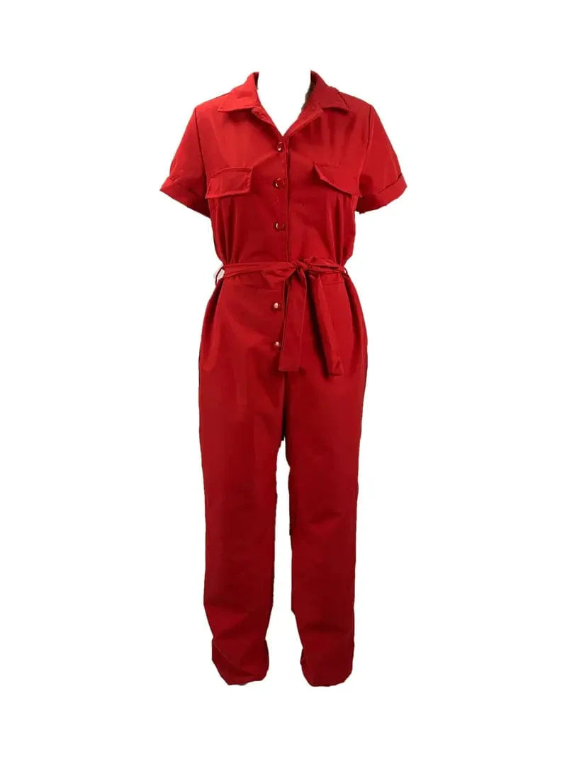 Y2K Solid Lapel Tie Waist Cargo Jumpsuit with Pockets - Women's Casual Romper