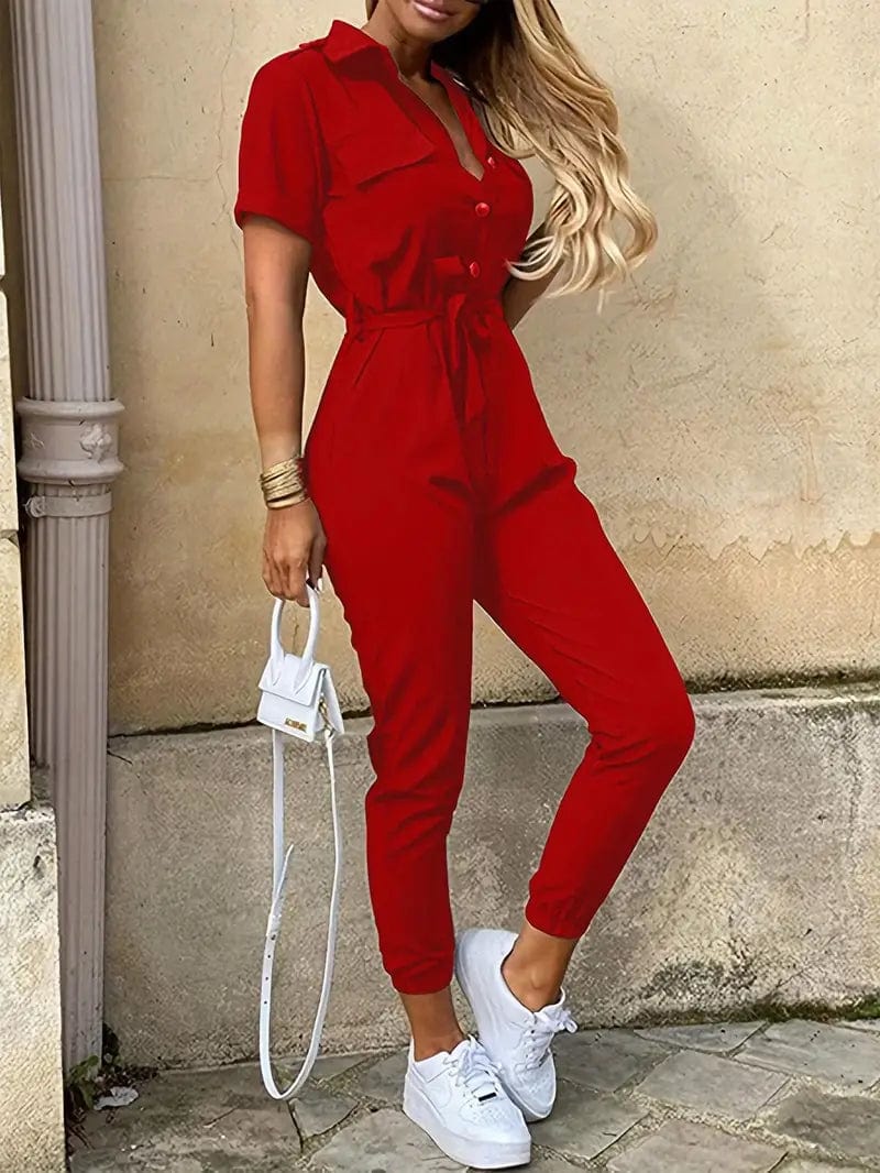 Y2K Solid Lapel Tie Waist Cargo Jumpsuit with Pockets - Women's Casual Romper