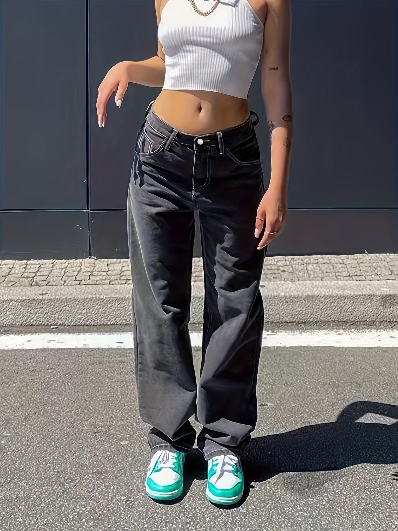 Y2K Style Long Plicated Hem Cargo Denim Jeans