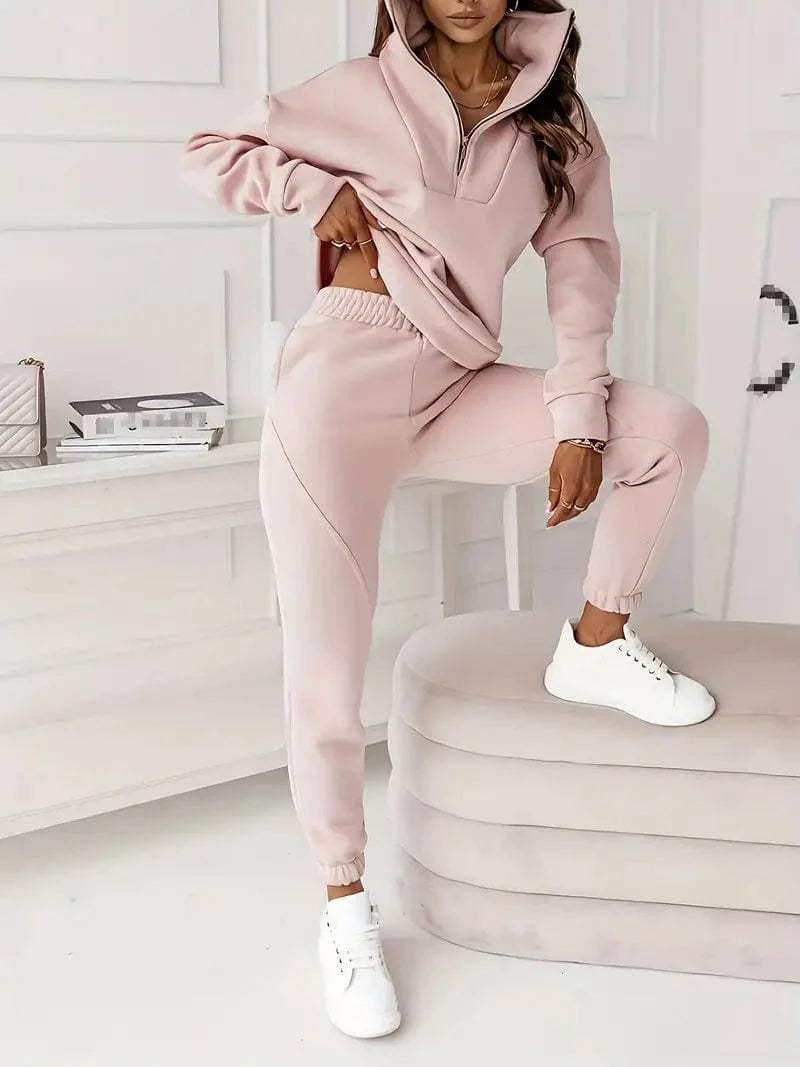 Zip Front Top and Elastic Waist Pants Set for Women, Casual Long Sleeve Outfit