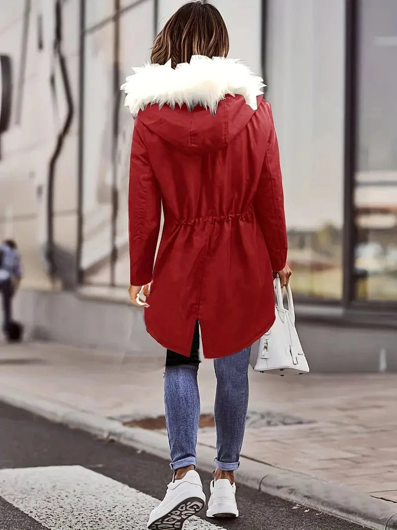 Zip-Up Faux Fur Hood Parka Coat with Thermal Lining