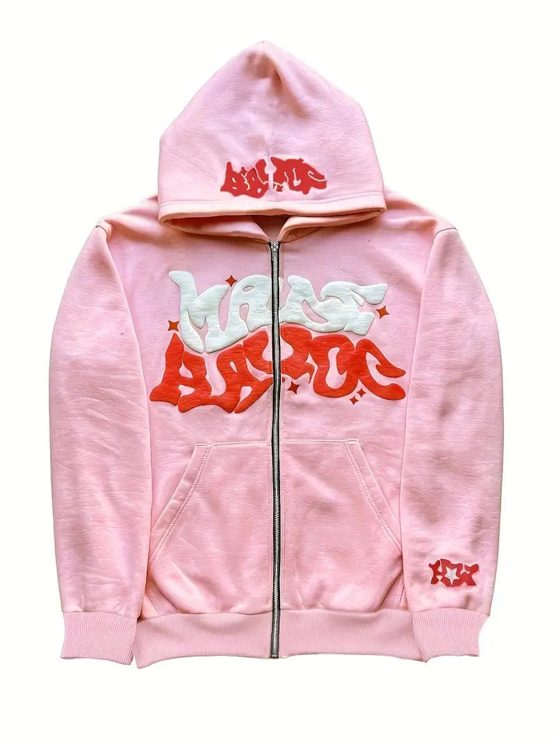 Zip Up Hoodie with Letter Print, Long Sleeve Casual Sweatshirt with Pocket for Women