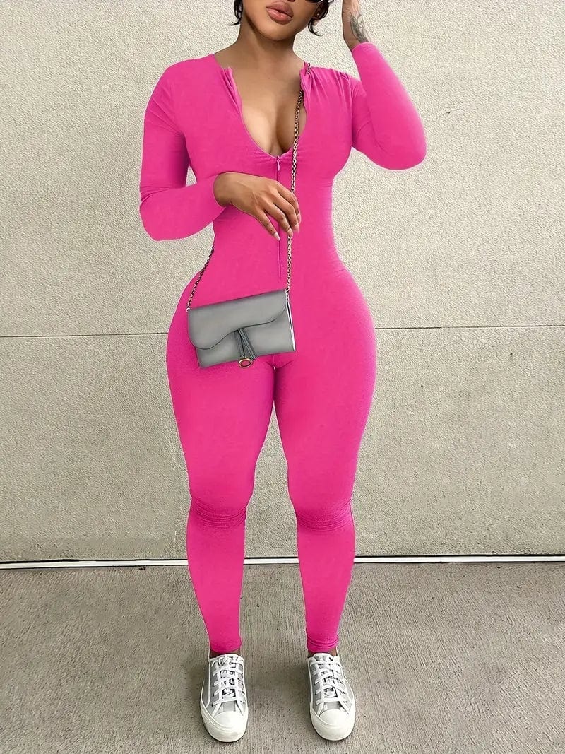 Zip-Up Skinny Athleisure Jumpsuit with Long Sleeves for Women, Ideal for Spring and Fall