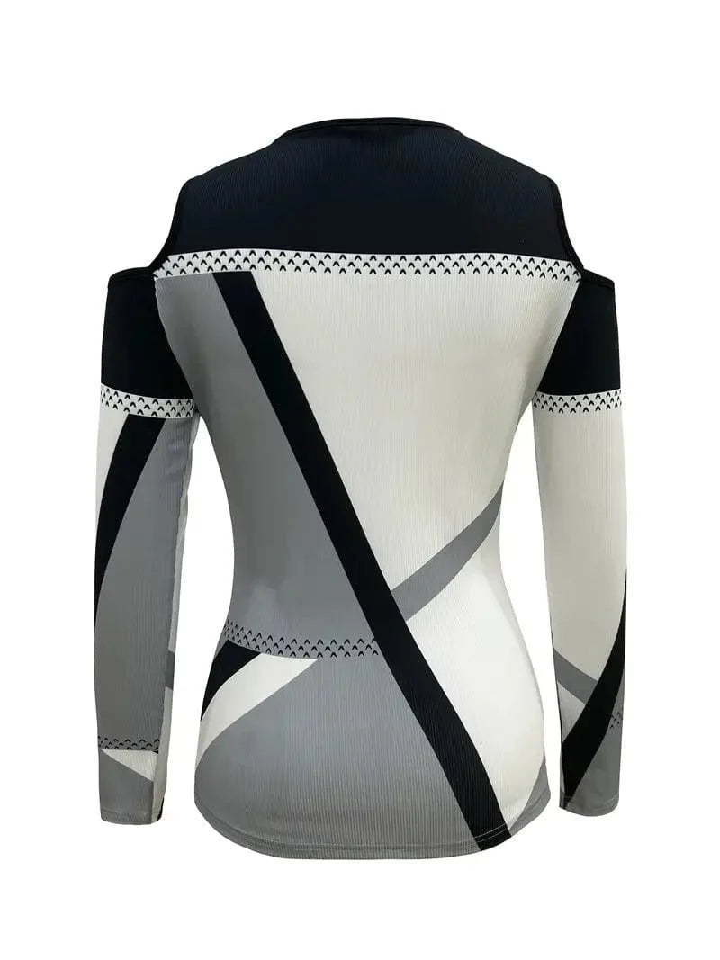 Zipper Color Block T-shirt, Casual Cold Shoulder Long Sleeve Tee for Women