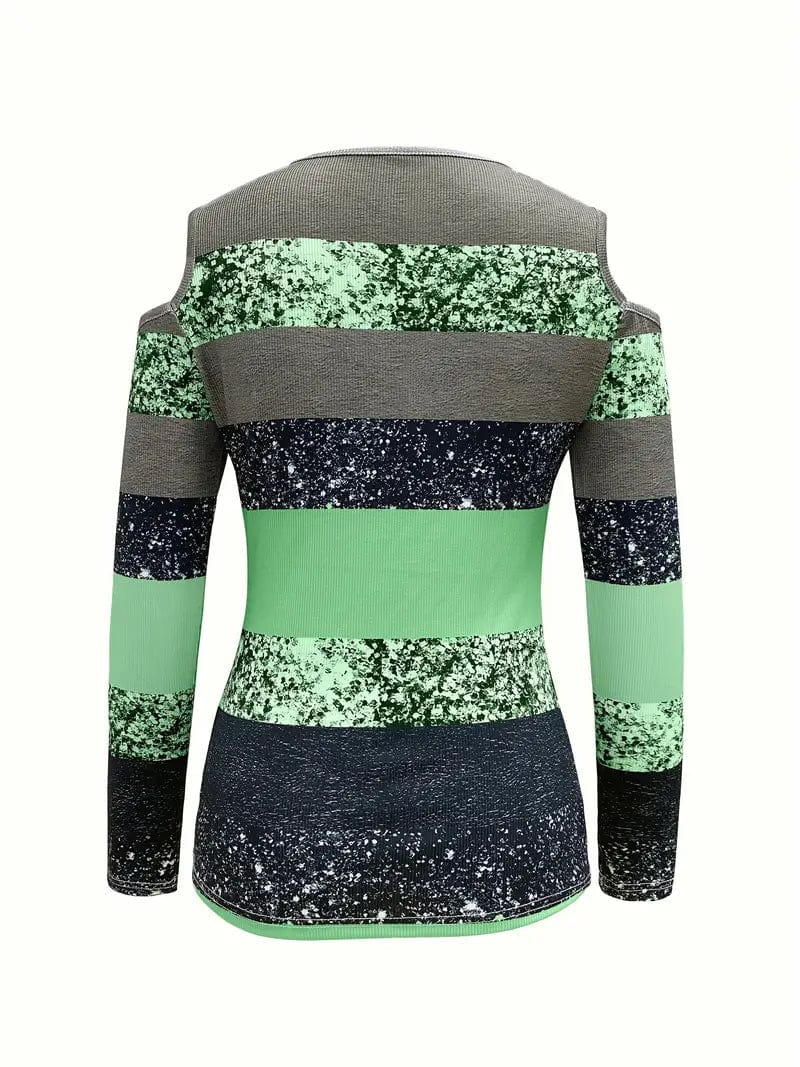 Zipper Color Block T-shirt, Casual Cold Shoulder Long Sleeve Tee for Women