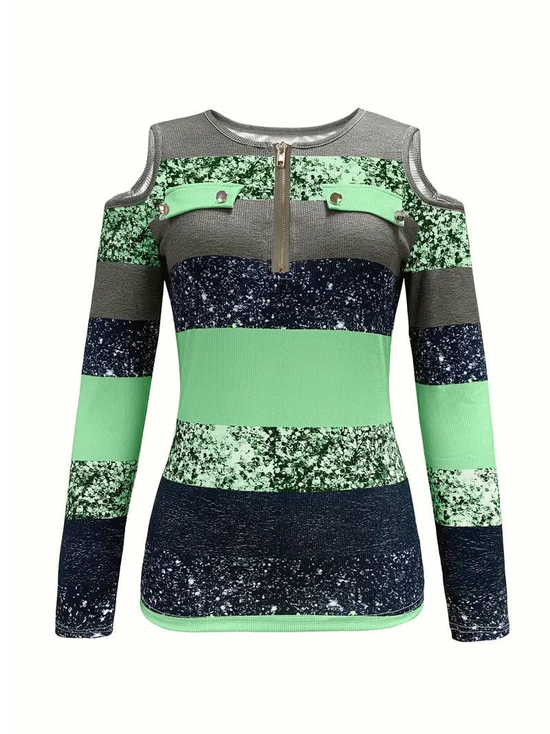 Zipper Color Block T-shirt, Casual Cold Shoulder Long Sleeve Tee for Women