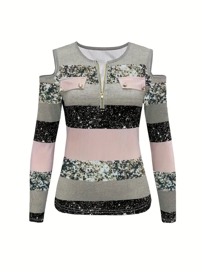 Zipper Color Block T-shirt, Casual Cold Shoulder Long Sleeve Tee for Women