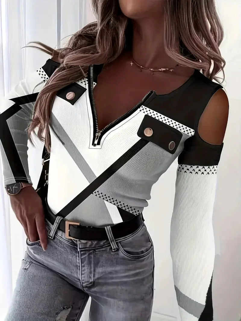 Zipper Color Block T-shirt, Casual Cold Shoulder Long Sleeve Tee for Women