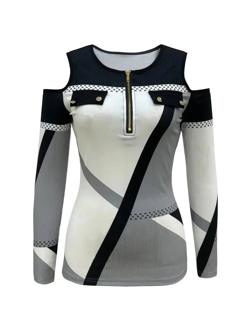 Zipper Color Block T-shirt, Casual Cold Shoulder Long Sleeve Tee for Women
