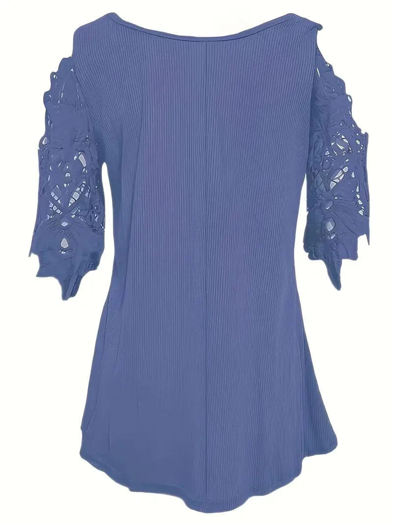 Zipper Detail Cold Shoulder Lace Top, Stylish V Neck Short Sleeve T-Shirt, Everyday Casual Women's Top