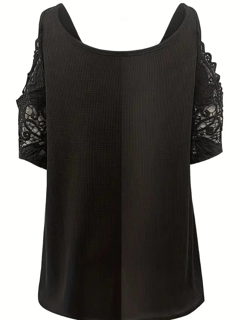 Zipper Detail Cold Shoulder Lace Top, Stylish V Neck Short Sleeve T-Shirt, Everyday Casual Women's Top