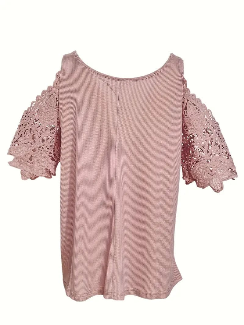 Zipper Detail Cold Shoulder Lace Top, Stylish V Neck Short Sleeve T-Shirt, Everyday Casual Women's Top