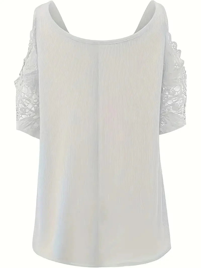 Zipper Detail Cold Shoulder Lace Top, Stylish V Neck Short Sleeve T-Shirt, Everyday Casual Women's Top