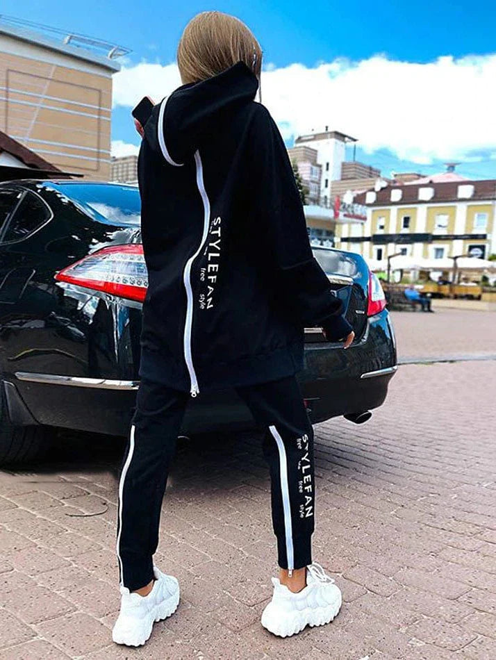 Zipper Detail Letter Design Women's Sweatshirt and Track Pants Set