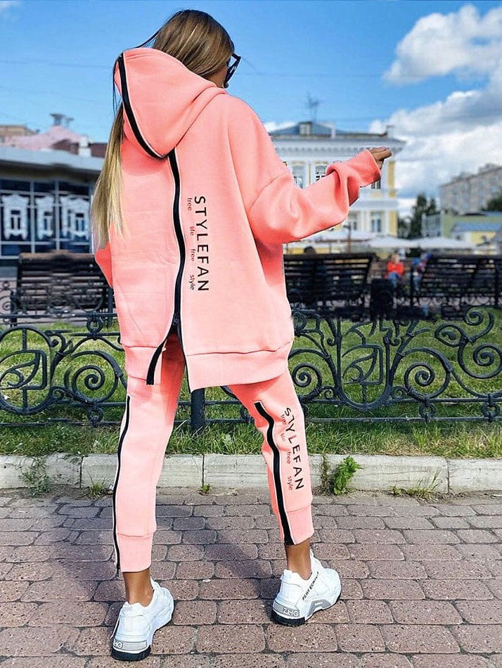 Zipper Detail Letter Design Women's Sweatshirt and Track Pants Set