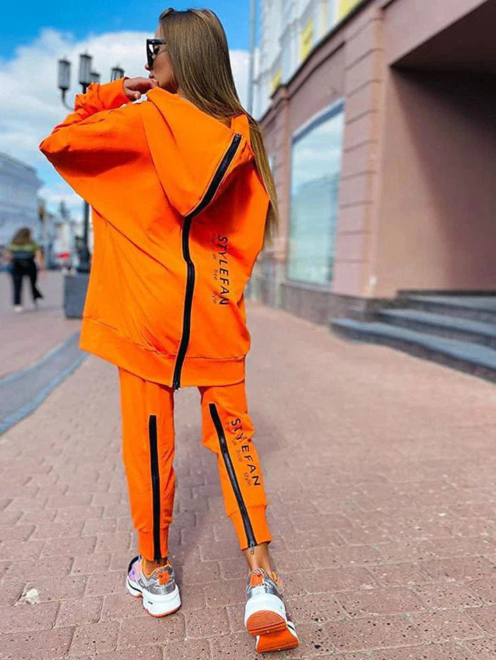 Zipper Detail Letter Design Women's Sweatshirt and Track Pants Set