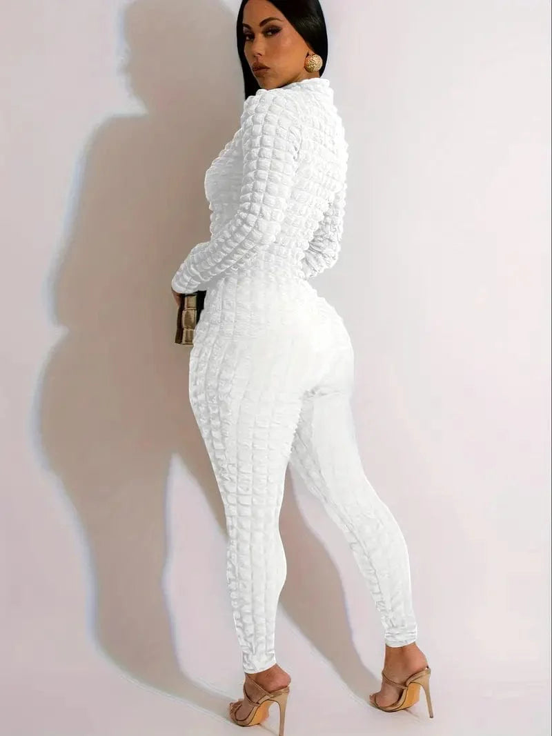Zipper Popcorn Long Jumpsuit with Bodycon Sleeves, Solid Color Romper for Women