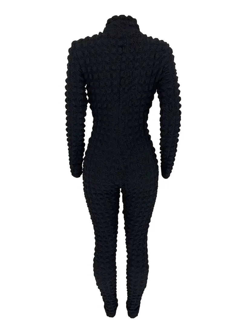Zipper Popcorn Long Jumpsuit with Bodycon Sleeves, Solid Color Romper for Women