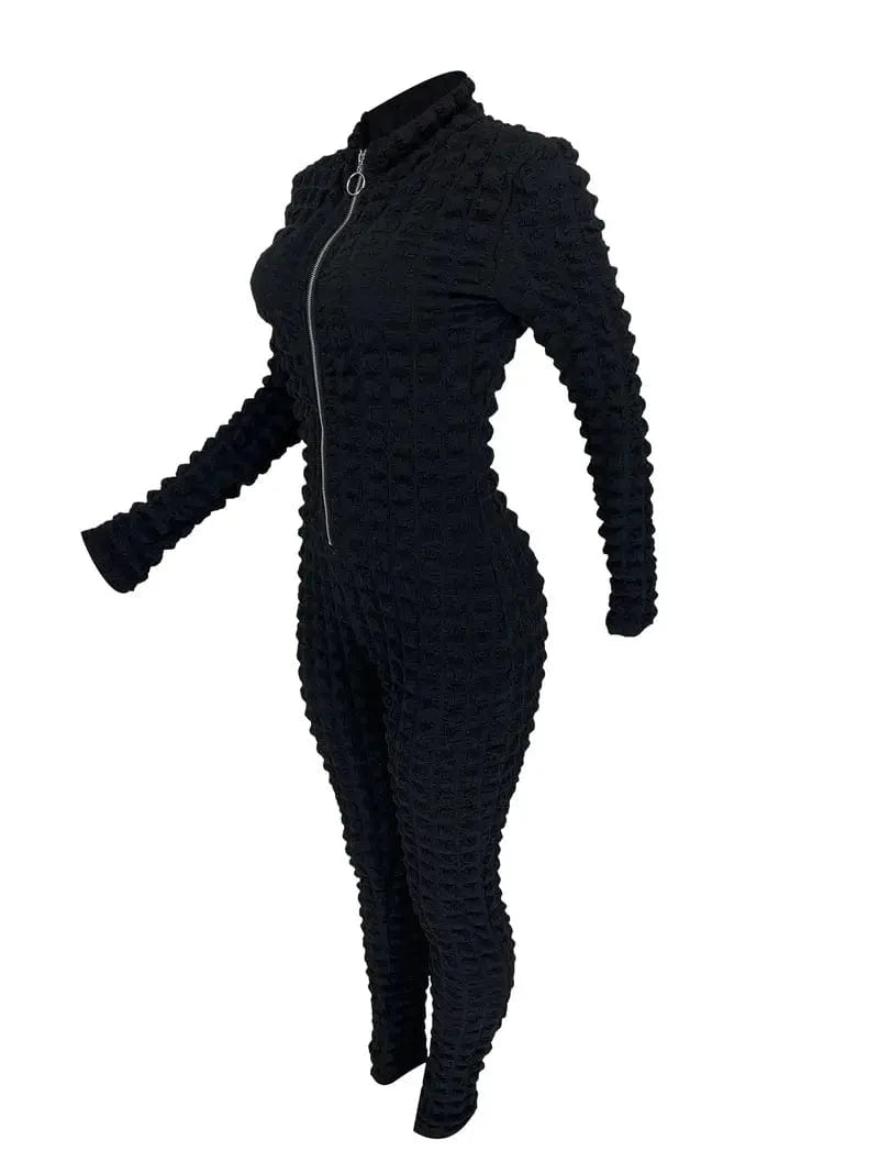 Zipper Popcorn Long Jumpsuit with Bodycon Sleeves, Solid Color Romper for Women