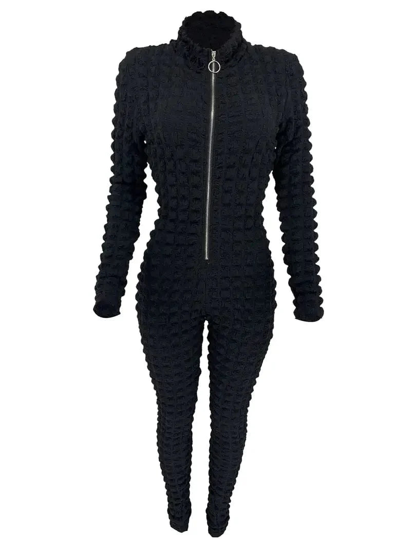Zipper Popcorn Long Jumpsuit with Bodycon Sleeves, Solid Color Romper for Women
