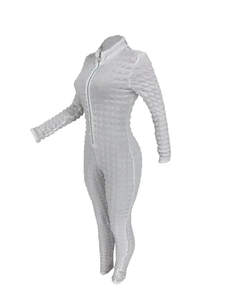 Zipper Popcorn Long Jumpsuit with Bodycon Sleeves, Solid Color Romper for Women