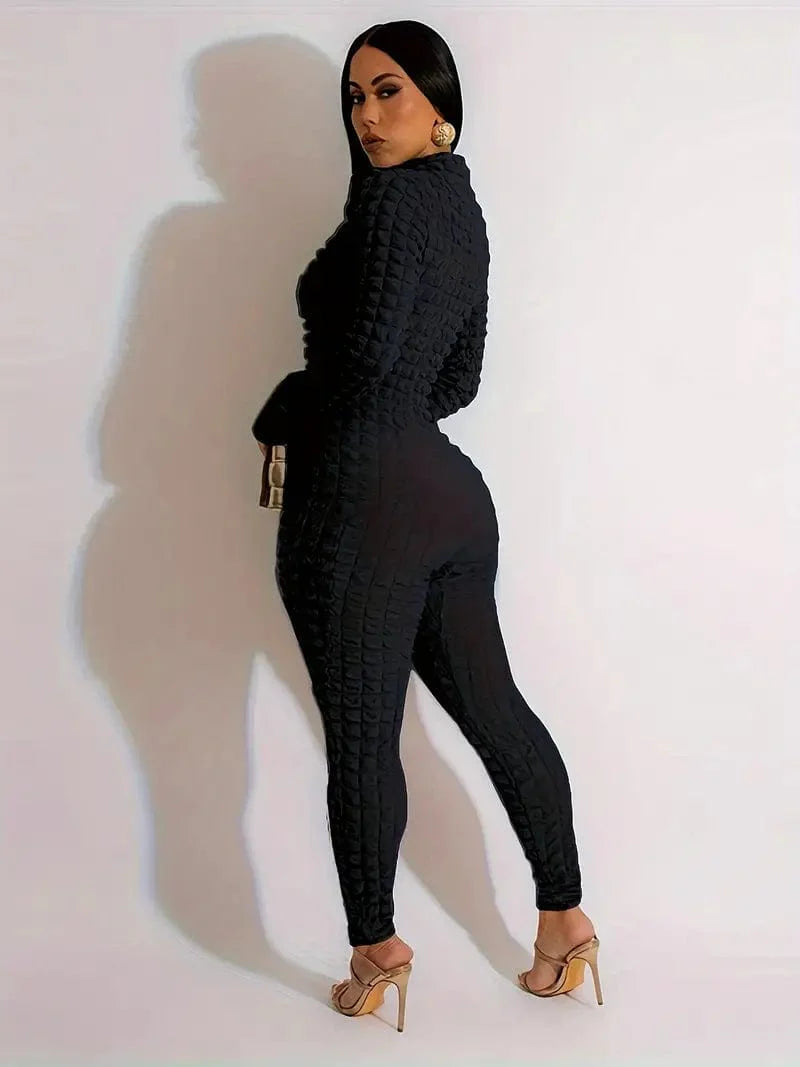 Zipper Popcorn Long Jumpsuit with Bodycon Sleeves, Solid Color Romper for Women