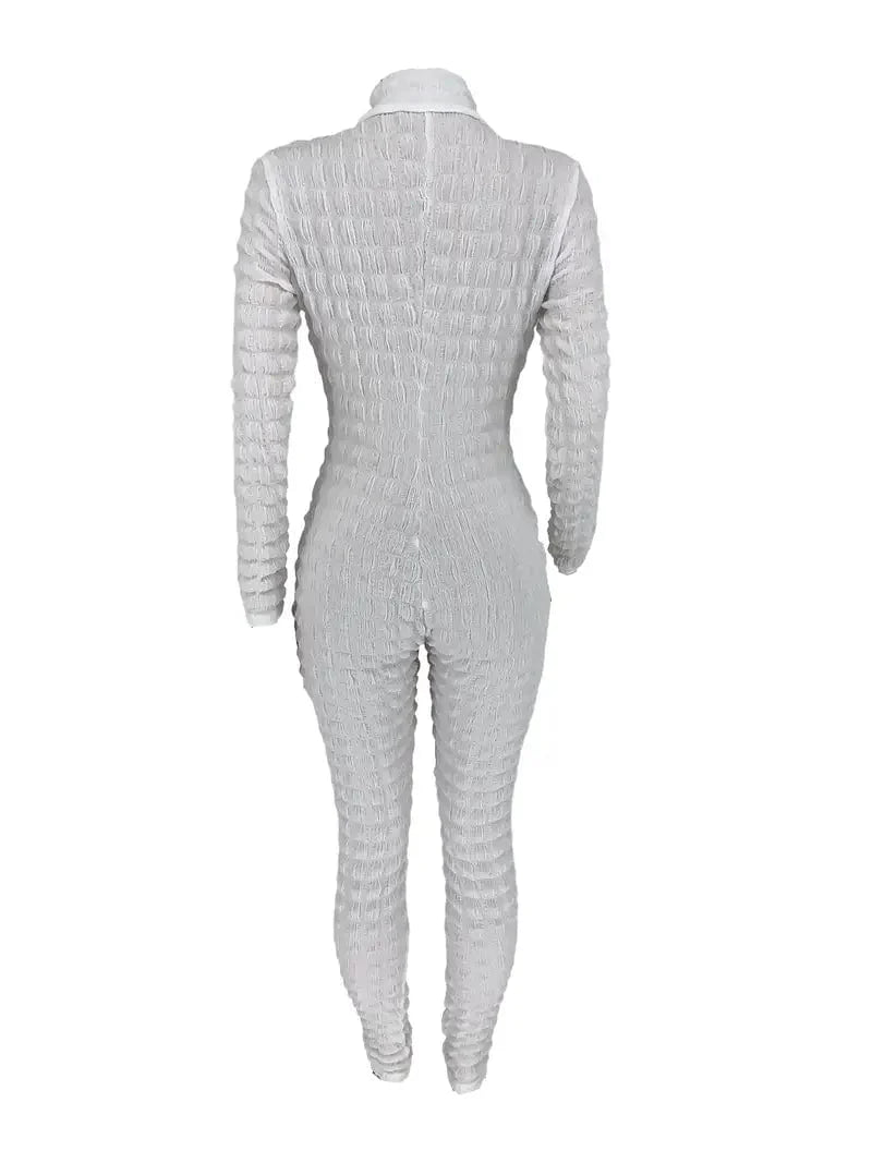 Zipper Popcorn Long Jumpsuit with Bodycon Sleeves, Solid Color Romper for Women