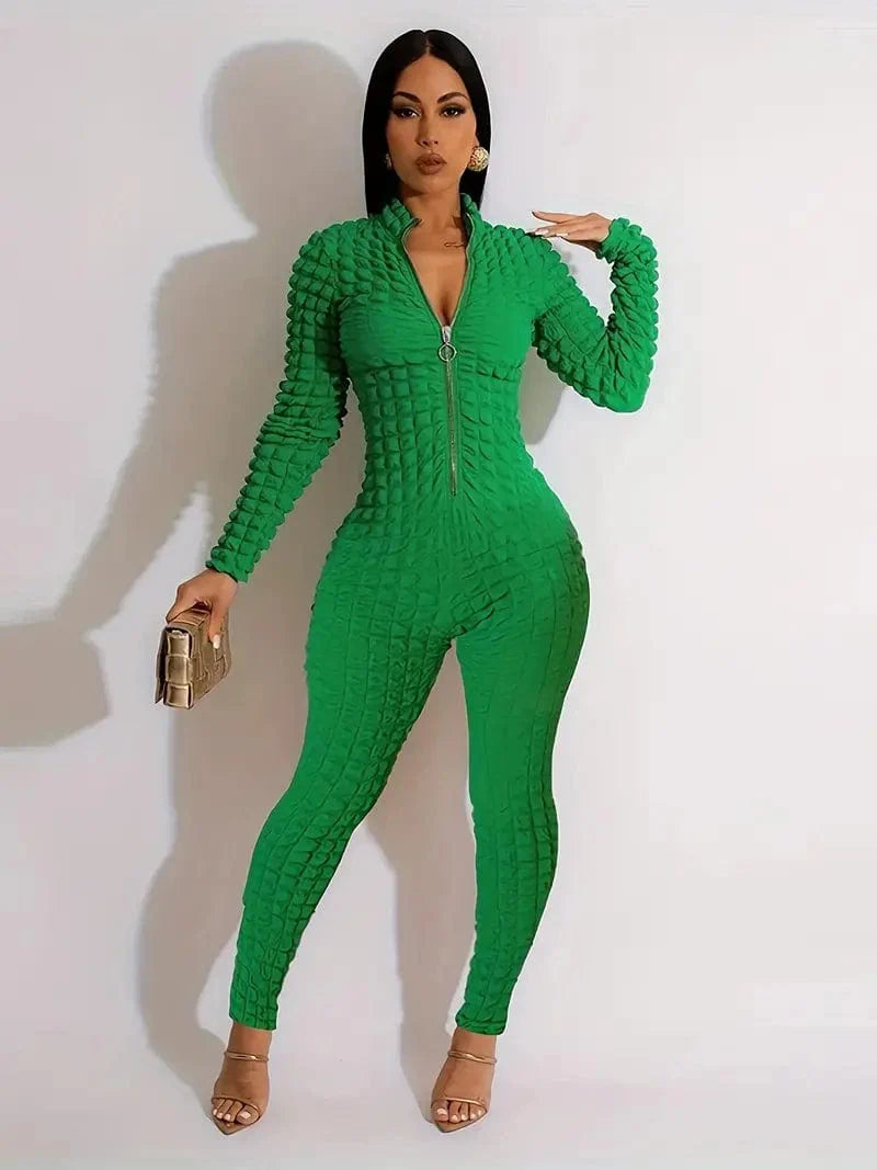 Zipper Popcorn Long Jumpsuit with Bodycon Sleeves, Solid Color Romper for Women