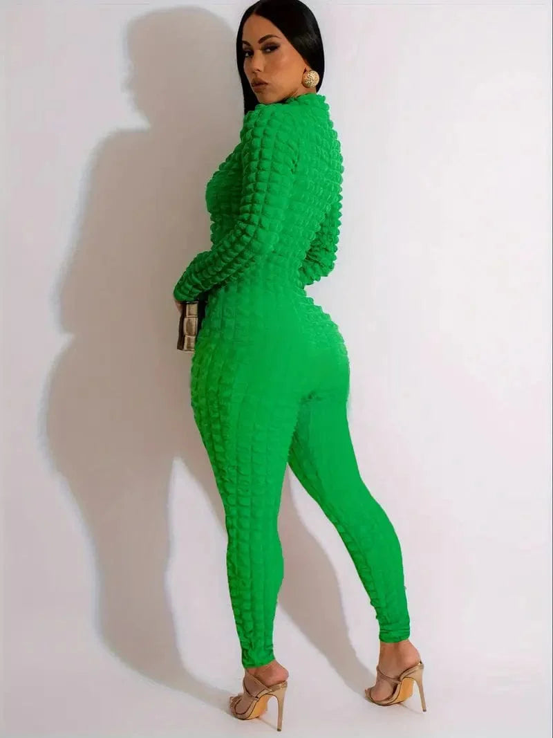 Zipper Popcorn Long Jumpsuit with Bodycon Sleeves, Solid Color Romper for Women