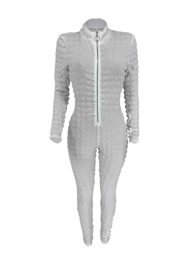 Zipper Popcorn Long Jumpsuit with Bodycon Sleeves, Solid Color Romper for Women