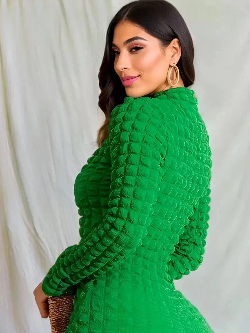 Zipper Popcorn Romper, Casual Bodycon Long Sleeve Solid Romper for Women