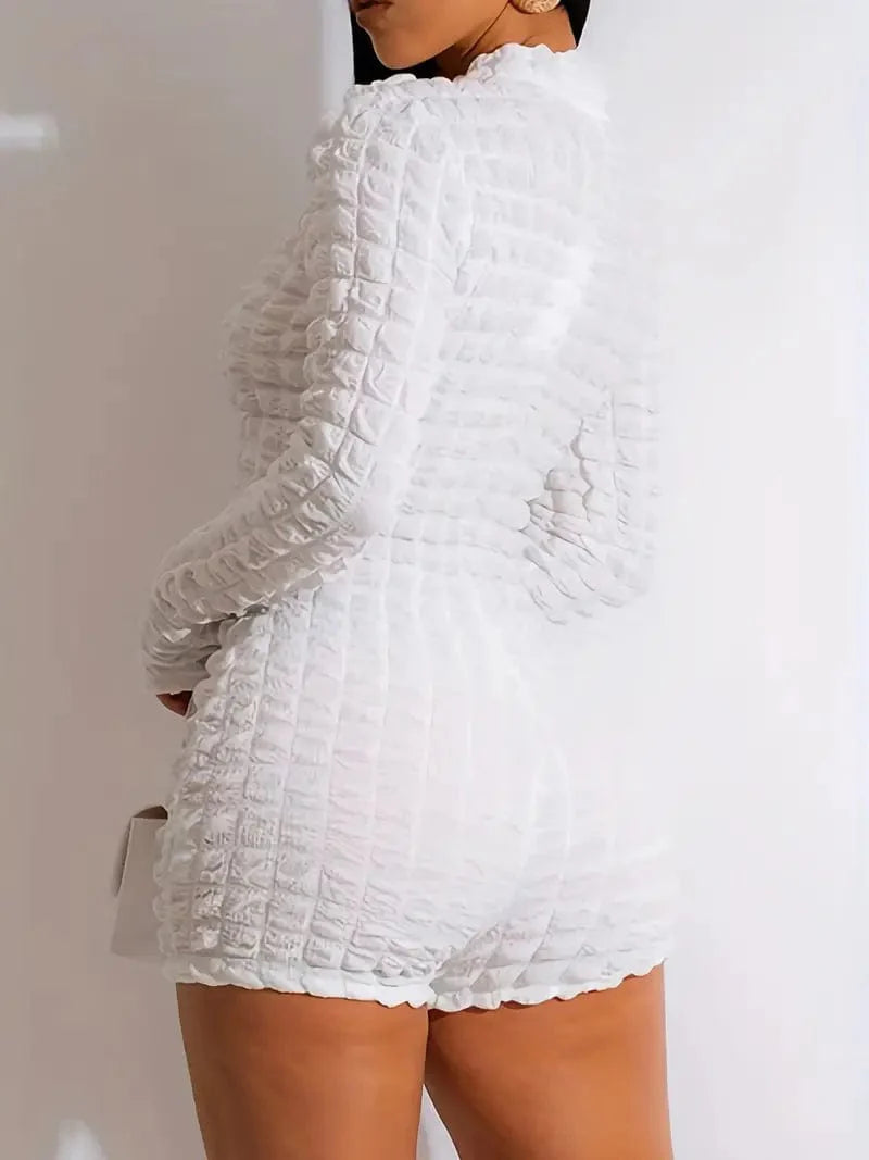 Zipper Popcorn Romper, Casual Bodycon Long Sleeve Solid Romper for Women